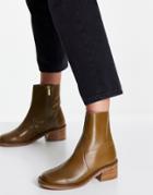 Asos Design Riviera Leather Pull On Boots In Khaki-green