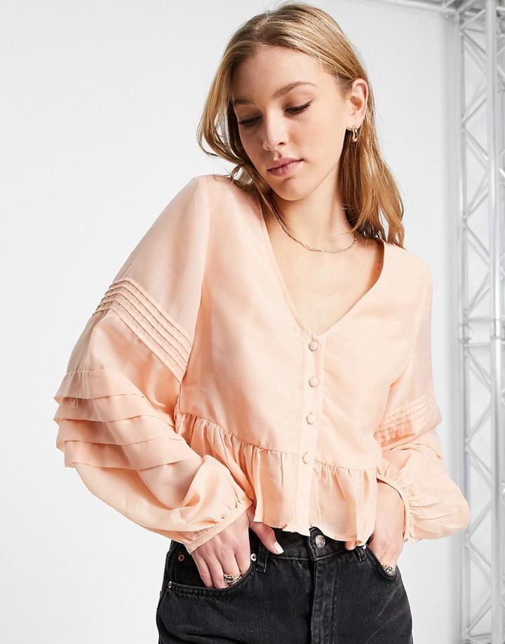 Asos Design Button Through Top With Pleated Sleeve In Peach-pink