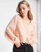 Asos Design Button Through Top With Pleated Sleeve In Peach-pink