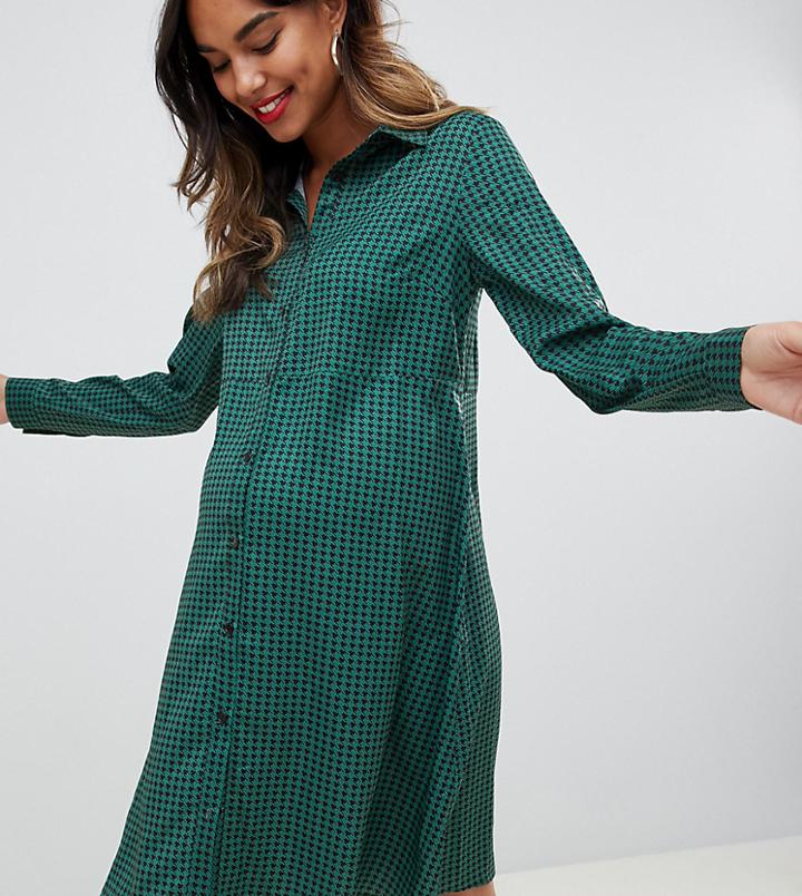 Glamorous Bloom Skater Shirt Dress In Houndstooth-green