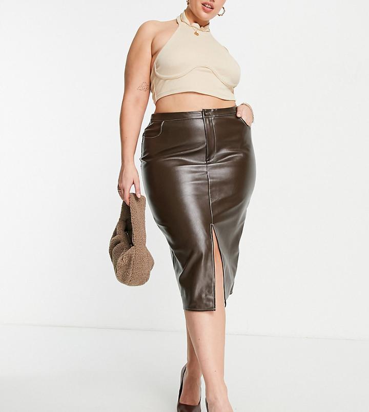 Missguided Plus Faux Leather Midi Skirt In Brown-black