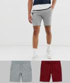 Asos Design Jersey Skinny Shorts 2 Pack Red/gray Marl-multi