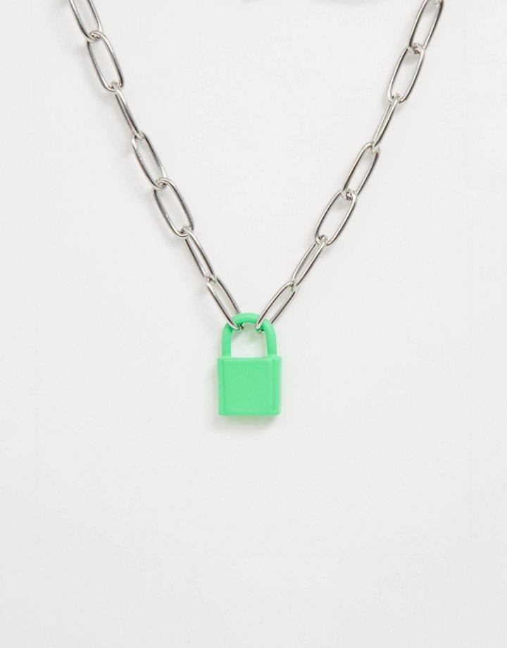 Asos Design Necklace With Color Padlock And Hardware Chain In Silver Tone - Silver