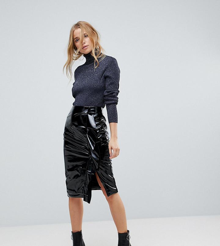 Miss Selfridge Gathered Vinyl Midi Skirt-black
