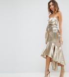 Jarlo Tall Wrap Front Bardot Midi Dress With Fluted High Low Hem - Gold