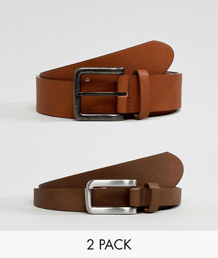 Asos Design 2 Pack Faux Leather Wide Belt In Tan And Brown Save - Multi