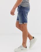 Asos Design Denim Shorts In Slim Mid Wash With Abrasions - Blue