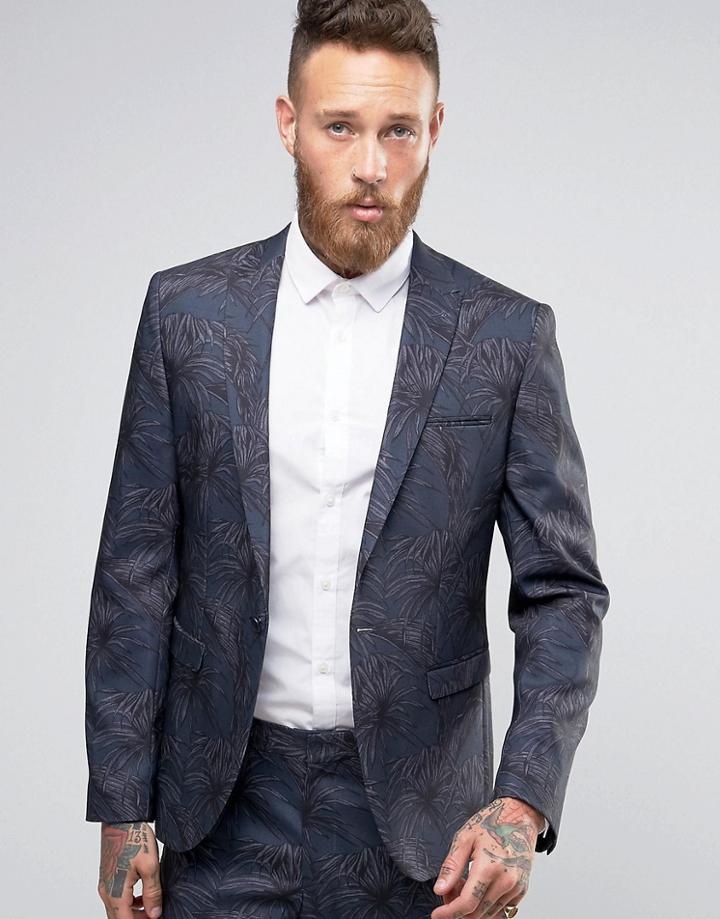 Asos Skinny Suit Jacket In Navy Palm Print - Black