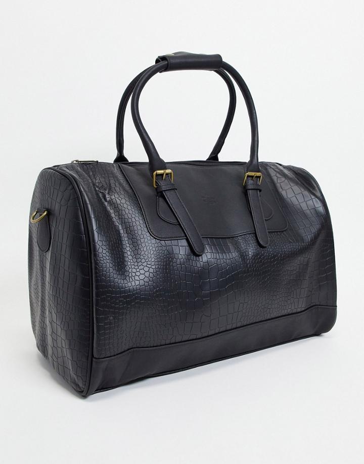 Asos Unrvlld Spply Holdall Bag In Black Faux Leather Croc With Branded Emboss