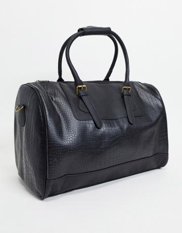 Asos Unrvlld Spply Holdall Bag In Black Faux Leather Croc With Branded Emboss