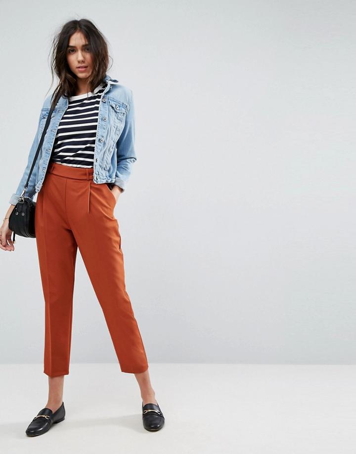 Asos Tailored Pleat Front High Waist Tapered Pants With Button & Tab Detail - Red