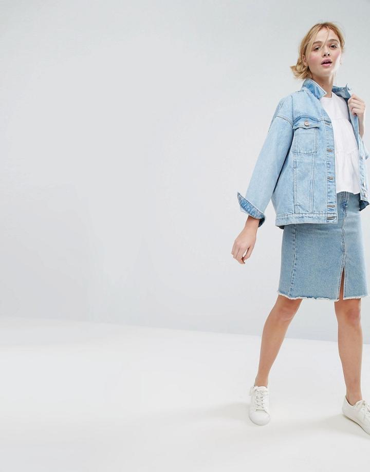 Monki Frayed Hem Split Front Denim Skirt - Blue