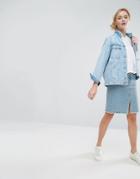 Monki Frayed Hem Split Front Denim Skirt - Blue