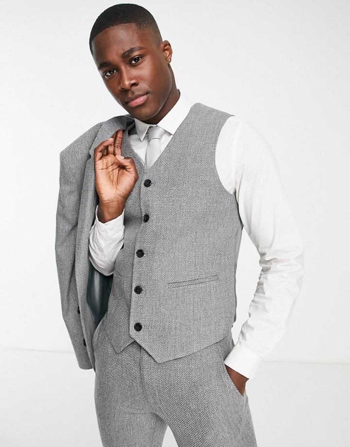 Asos Design Super Skinny Wool Mix Suit Vest In Charcoal Herringbone-gray