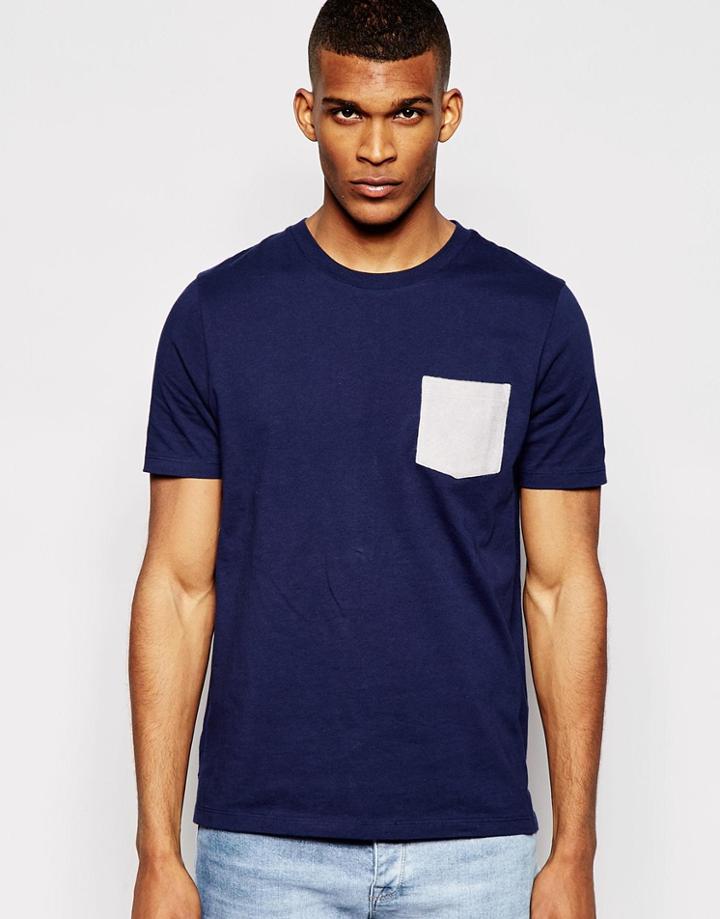 Asos T-shirt With Brushed Fleece Pocket - Blue
