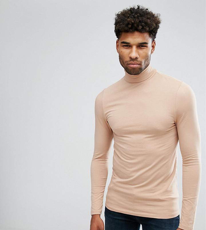 Asos Tall Muscle Fit Long Sleeve Roll Neck T-shirt - Beige