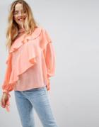 Asos Ruffle Blouse With Exposed Shoulder & Neck Band - Pink