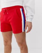Asos Design Jersey Skinny Shorts In Shorter Length With Double Side Stripes In Red - Red