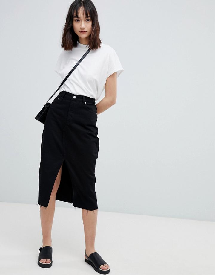 Dr Denim Midi Denim Skirt With Split Front Seam - Black