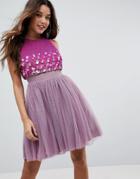 Asos Crop Top Disc Sequin Mini Dress With Dobby Mesh-pink
