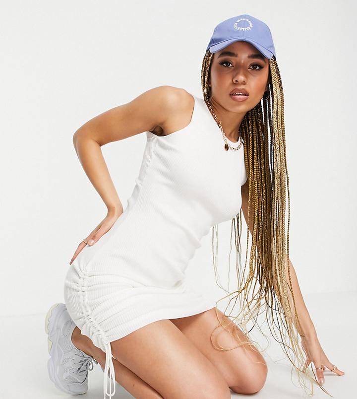 Missguided Ribbed Sleeveless Dress With Ruched Side In Cream-white