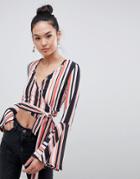 Boohoo Striped Tie Wrap Crop Top - Multi