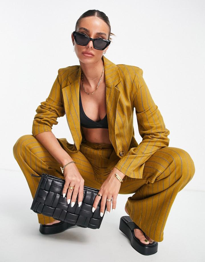 Asos Design Linen Striped Suit Blazer In Mustard And Blue-multi