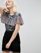 Hazel Crushed Velvet Top With Frill Front Mesh - Gray