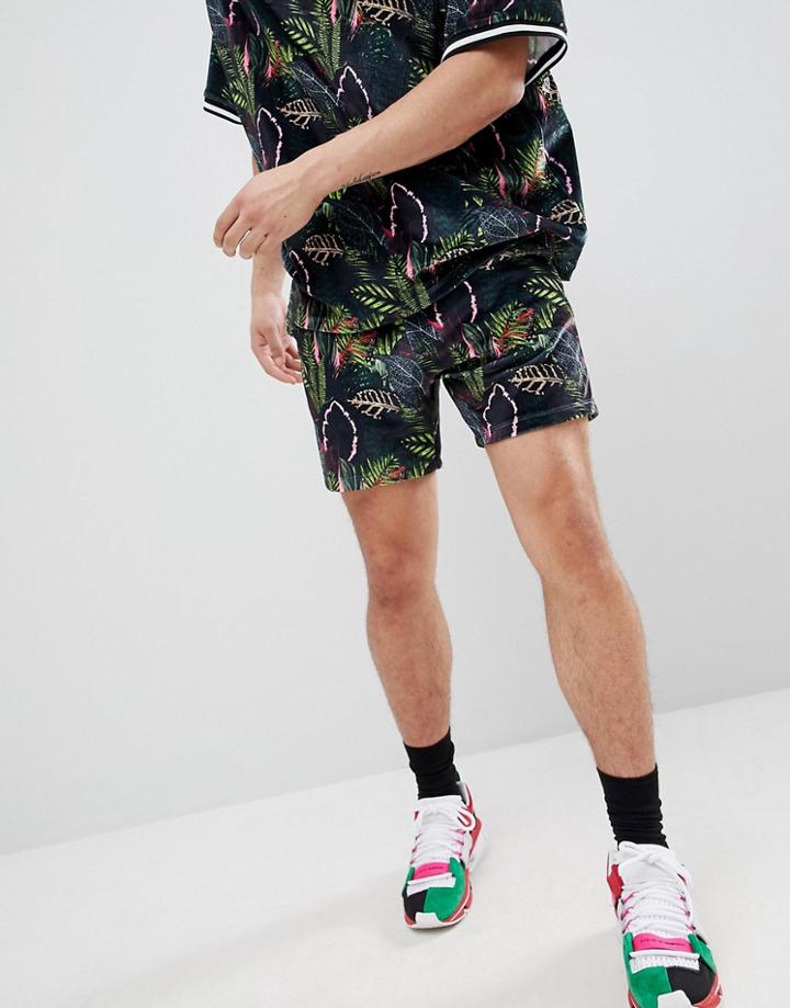 Asos Design Shorts In Velour With Jungle Print - Black