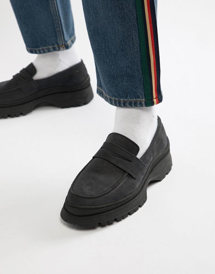 Asos Design Chunky Sole Loafer In Black Leather With Penny Detail - Black