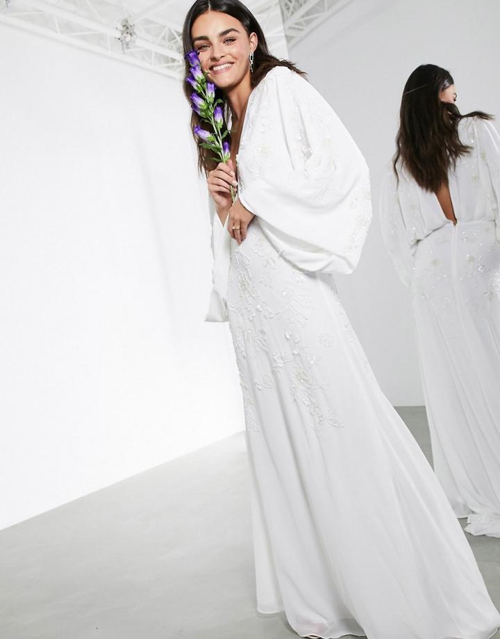 Asos Edition Lisa Drape Sleeve Plunge Wedding Dress With Floral Embellishment-white