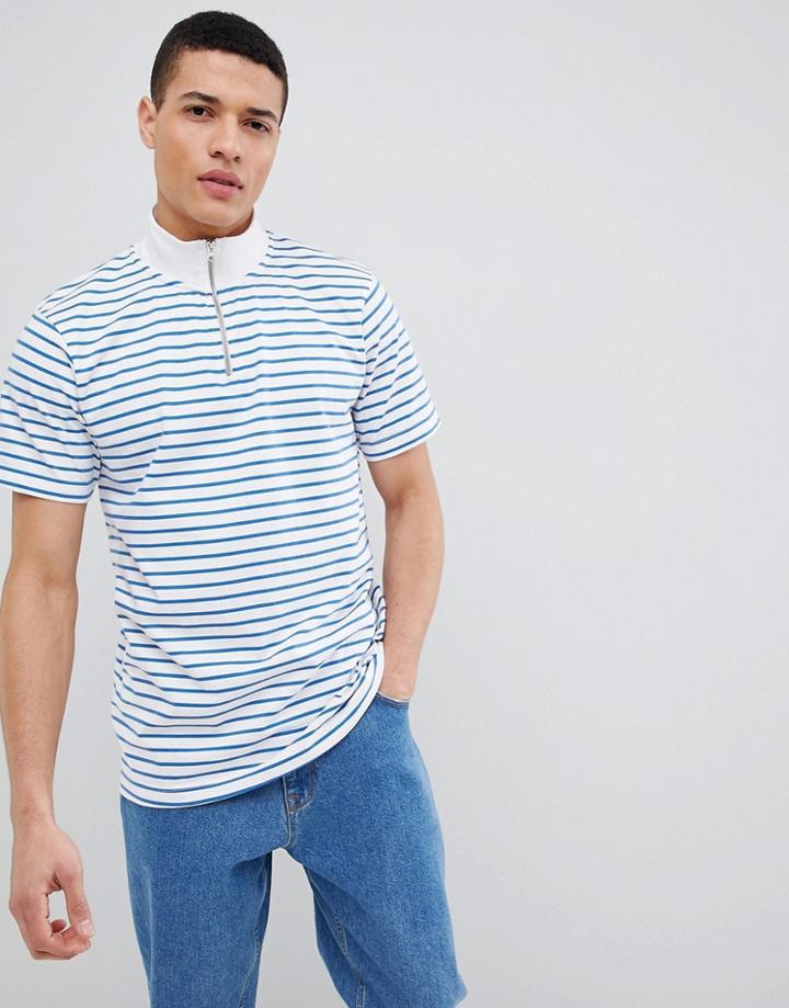Stradivarius Nautical Stripe Quarter Zip Sweatshirt In White - White