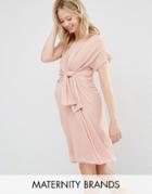 Mama. Licious Short Sleeve Knot Front Woven Dress - Pink