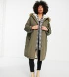 Asos Design Maternity Oversized Sherpa Lined Parka Coat In Dark Khaki-green