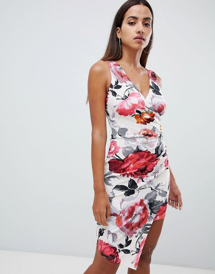 Ax Paris Rose Print Asymmetric Hem Dress - Cream