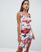 Ax Paris Rose Print Asymmetric Hem Dress - Cream