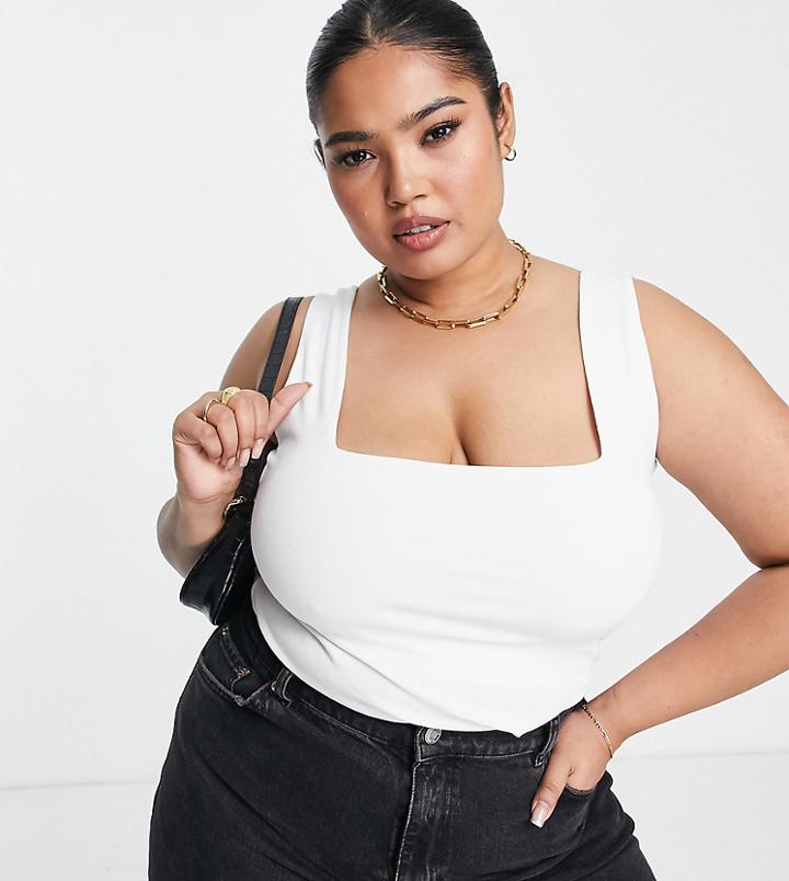 Asos Design Curve Edit Luxe Feel Long Line Tank Top With Square Neck In White