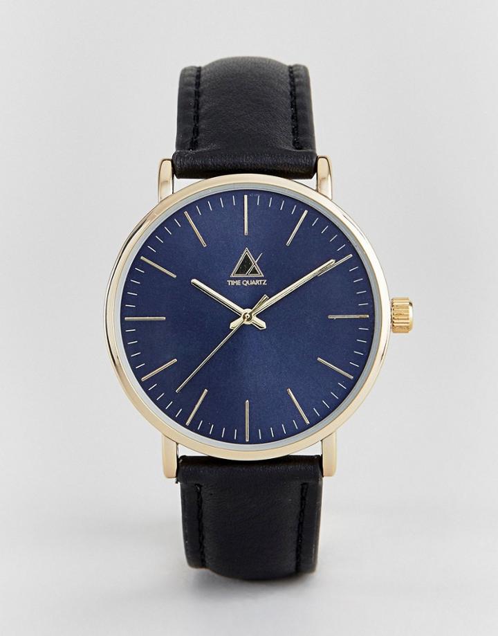 Asos Watch With Black Leather Strap And Navy Face - Black