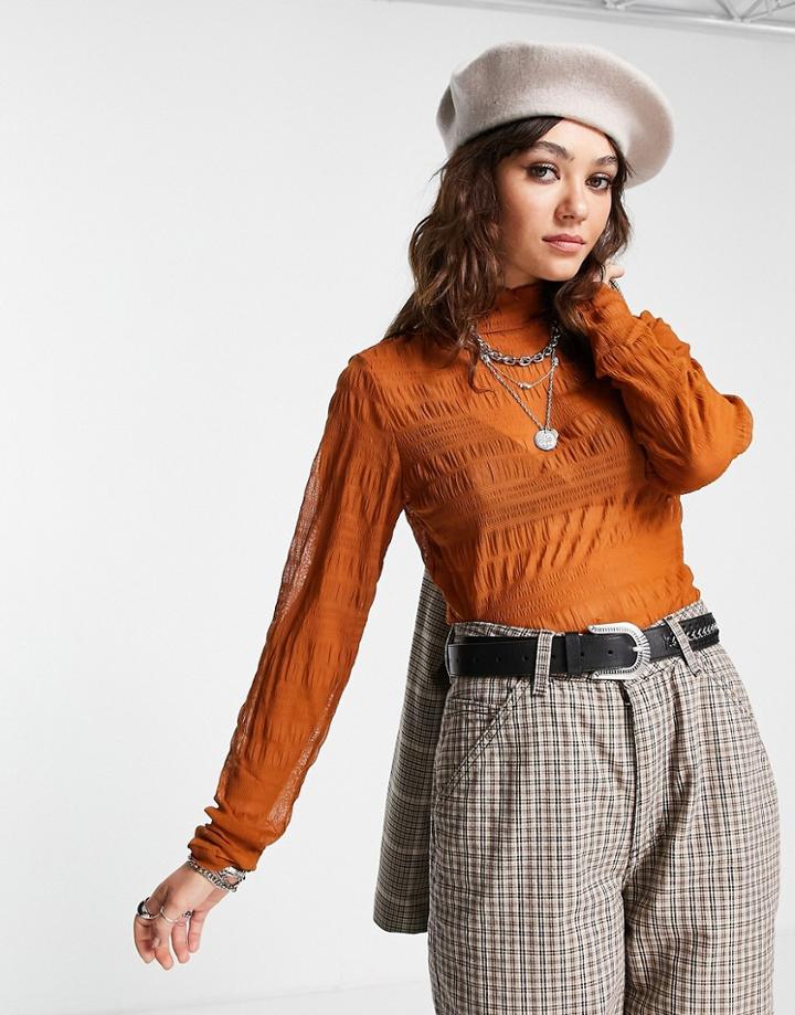 Object Sheer Textured Long Sleeved Top With High Neck In Orange