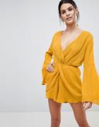 Lioness Wrap Knot Front Romper With Bell Sleeve Detail - Yellow