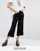 Lazy Oaf Wide Leg Skater Jeans With Embroidery - Black