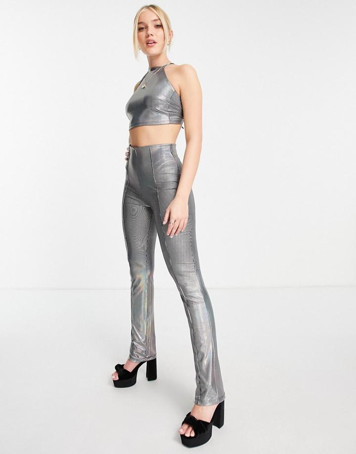 Monki Holographic Jersey Pants In Silver - Part Of A Set