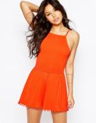 Asos 90's Strappy Romper With Tie Back And Pom Pom Hem - Orange