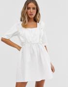 Asos Design Denim Smock Dress With Frill In White - White