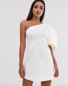 Asos Design One Shoulder Puff Sleeve Mini Skater Dress-white