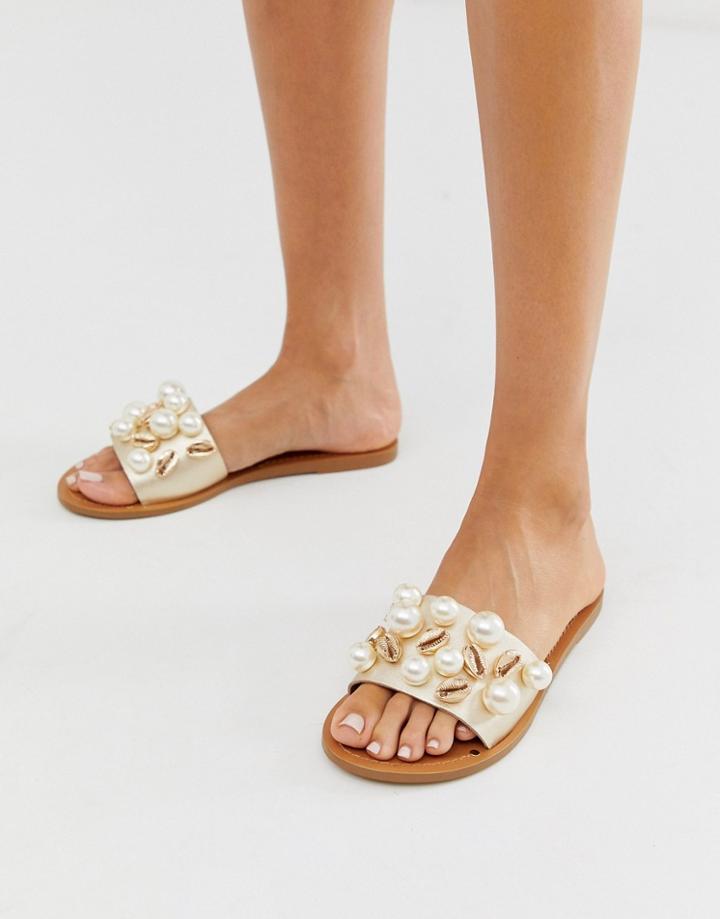 Asos Design Fountain Premium Leather Embellished Flat Sandals-gold