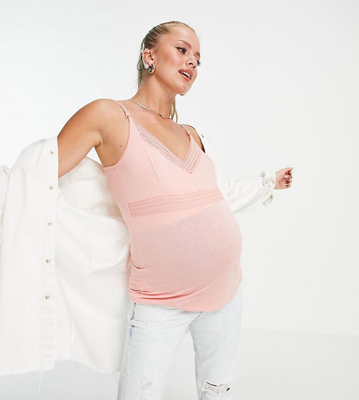 Asos Design Maternity Nursing Lace Detail Cami In Coral-pink