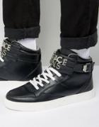 Versace Jeans High-top Sneakers In Black With Metal Logo Strap - Black