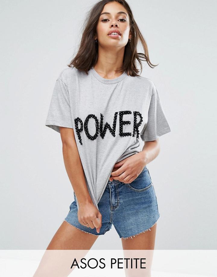Asos Petite T-shirt In Boyfriend Fit With Beaded Power Motif - Gray