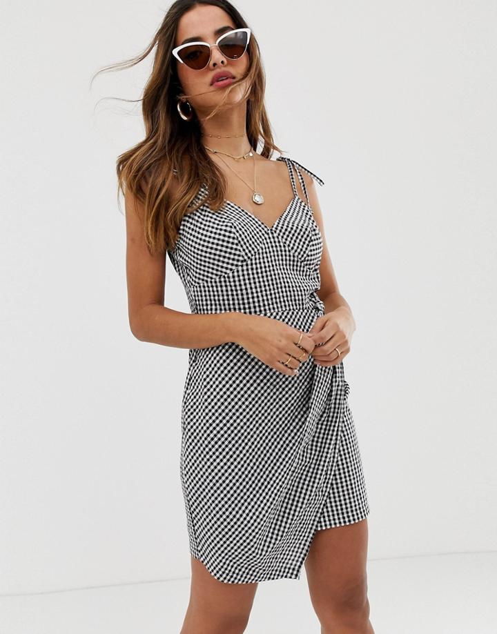 Asos Design Knot Front Mini Sundress In Seersucker In Gingham